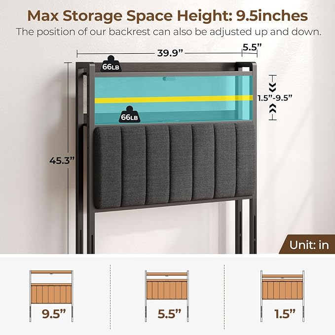 Rolanstar Headboard for Twin Size Bed with Storage, 60,000 DIY Color of LED Light, Head Board with USB & Type C Port, Height Adjustable, Black Upholstered Cabeceras de Cama Comfortable Modern, Linen