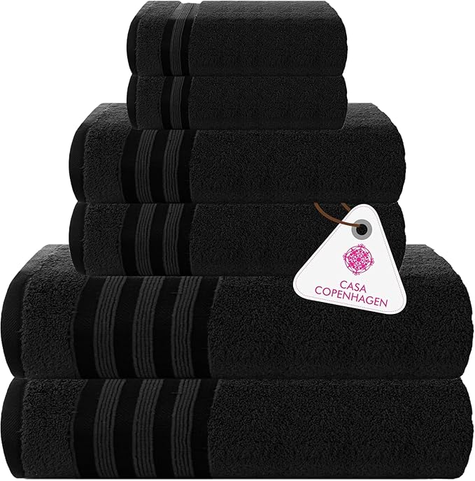 CASA COPENHAGEN Zero Twist, 6Pieces 100% Cotton Towel Set- Bright Black, 600 GSM, 2Bath, 2Hand, 2Washcloths Made from Egyptian Cotton, Ultra Soft Luxury Towels for Hotel Spa Kitchen Bathroom & Shower