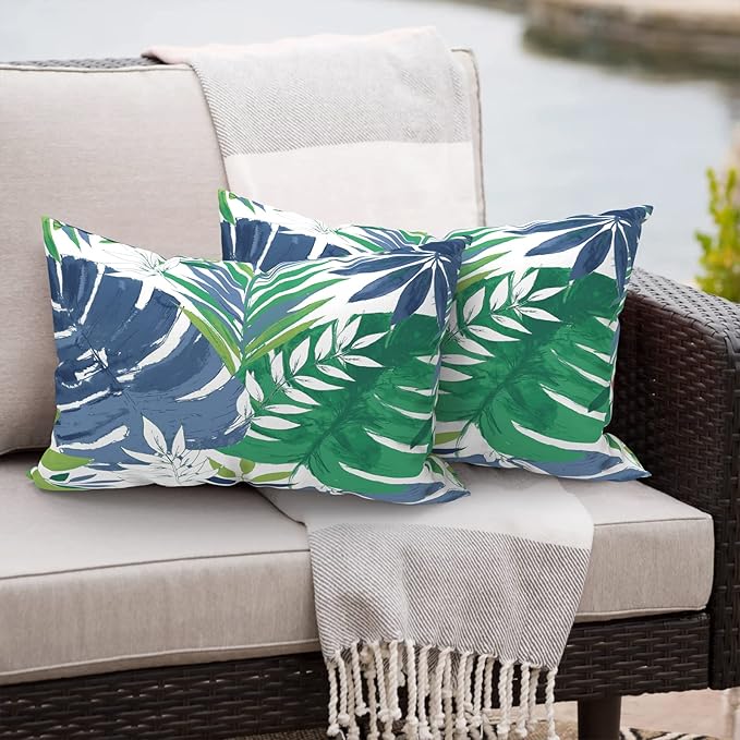 Outdoor/Indoor Lumbar Pillows, Water Repellent Cushion Pillows, 12x20 Inch, Outdoor Pillows with Inserts for Home Garden, Pack of 2, Islamorada Blue Green