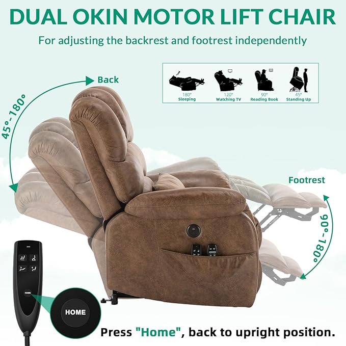 VIVIJASON Tall Man Large Dual Motor Power Lift Recliner Chair with Extended Footrest, Overstuffed Lay Flat Sleeper Electric Recliner W/Heat & Massage, Lumbar Pillow, USB & Type-C Ports, Brown