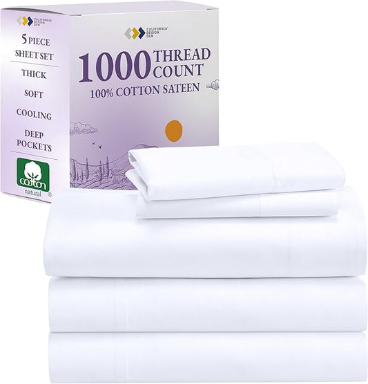 California Design Den Split King Sheets Sets for Adjustable Bed - Luxury 1000 Thread Count Sateen, Thick and Natural 100% Cotton Bed Sheets, Deep Pockets, Soft and Durable Bedding Set - White