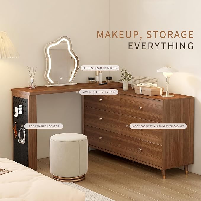 Makeup Vanity Set with Cloud-Pattern HD Lighted Mirror and Stool, 50-94in Extendable Mid-Century Modern Vanity Table, 6-Drawer Solid Wood Frame Storage Cabinet, Bedroom Dressing Table, Brown