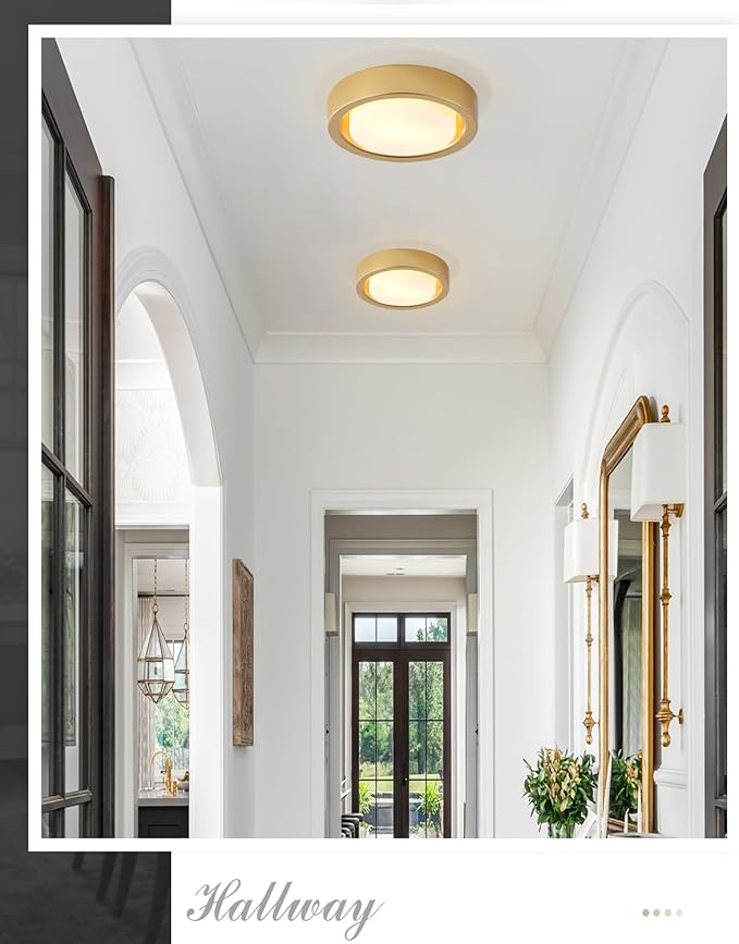 13 Inch Flush Mount Ceiling Light,Gold Finish Plate with Frosted Glass Shade,Round Ceiling Lighting Fixture for Hallway Bedroom Closet Livingroom Kitchen Stairwell (Gold)