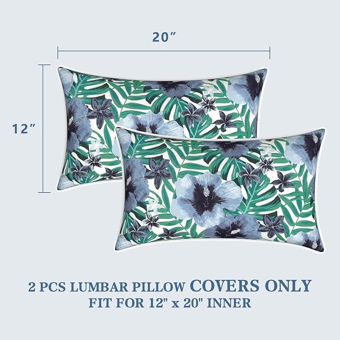 LVTXIII Outdoor Lumbar Pillow Covers 12"x20", Covers ONLY, 2 Pack 30x50cm Lumbar Cushion Cover with White Piping for Home Patio Garden Sofa Bench, Blue Salmone Tropical