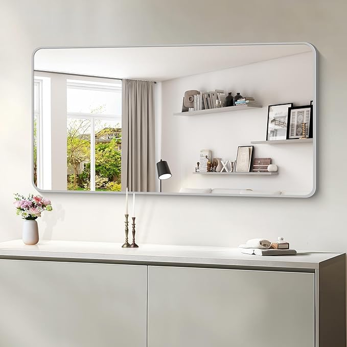 55x30 Inch Silver Bathroom Mirror, Large Rectangular Vanity Mirror, Metal Framed Rectangle Mirrors, Rounded Corner Wall Mounted Mirrors for Living Room Bedroom Entryway Horizontal or Vertical