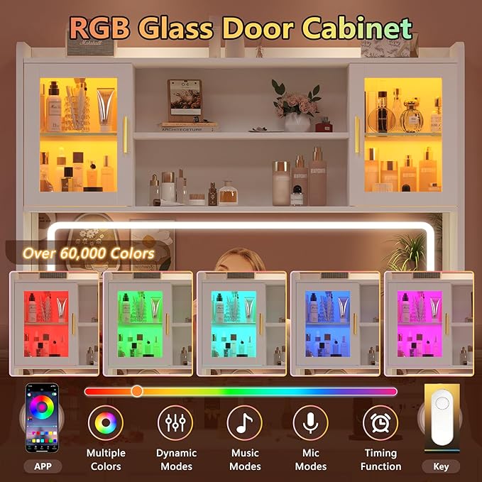 75" Vanity Desk with Mirror and Lights, Makeup Vanity with 5 Drawers & 2 RGB Door, White Vanity with Charging Station, Big Vanity Table with Lighted Mirror, 3 Color Lighting Modes, for Bedroom