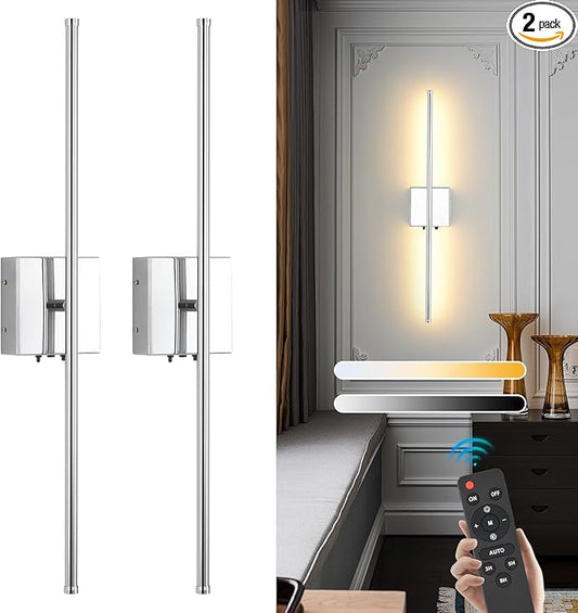 LED Wireless Battery Operated Wall Sconces, 11000mAh Rechargeable Chrome Wall Lights with Remote Control, 350°Rotate Dimmable Wall Lamp, 3 Color Temperatures, for Bedroom Living Room Hallway, 2 PCS