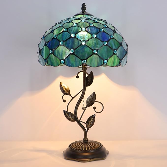 Tiffany Table Lamp, Stained Glass Desk Light, W12H19 Inch, Metal Leaf Base (Sea Blue Pearl Style)