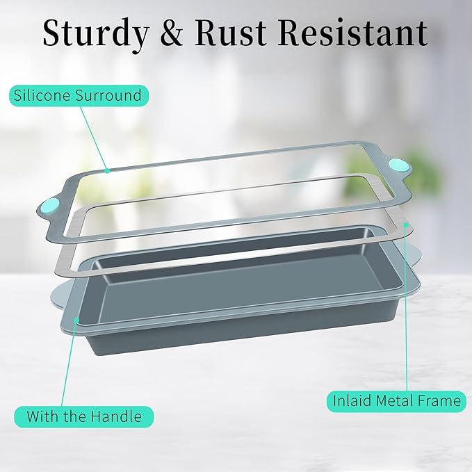 To encounter Silicone Baking Pans Set, 4 Pieces Nonstick Bakeware Set with Baking Pans, Baking Sheets, Cookie Sheets, Cake Pan with Metal Reinforced Frame More Strength, Light Grey