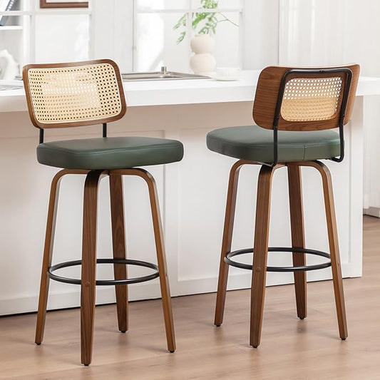 Swivel Counter Height Stools - 26 inch Counter Stools Set of 2 with Curved Rattan Back, Walnut Craftsmanship, Upholstered Seat, Counter Height Bar Stool for Island/Pub/Kitchen (26" Seat Height, Green)
