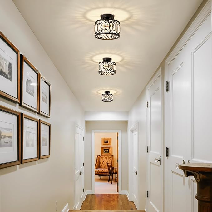 Crystal Black Ceiling Light, Modern Semi Flush Mount Ceiling Lighting Fixture, Round Hallway Lighting Fixtures for Kitchen Entryway Bedroom Laundry Room, 1-Light, 9 Inch