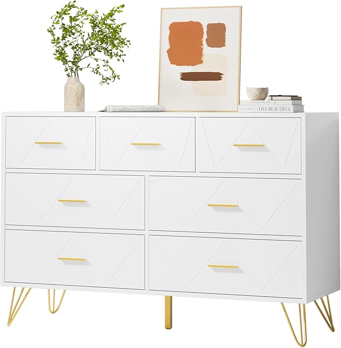 White Dresser for Bedroom, 7 Drawer Dresser with Golden Handles, Wood Modern Chest for Hallway, Entryway