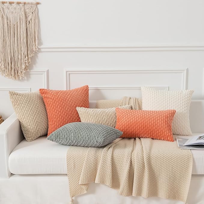 Kevin Textile Throw Pillow Covers Soft Corduroy Decorative Set of 2 Boho Striped Pillow Covers Pillowcases Farmhouse Home Decor for Couch Bed Sofa Living Room 12x20 Inch Beige