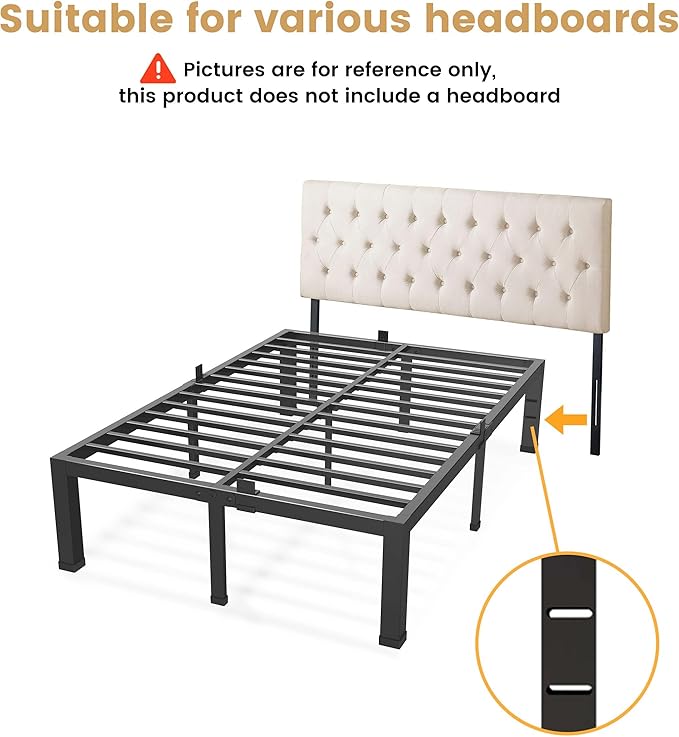 14 Inches Full Size Bed Frame, Heavy Duty Metal Platform Bed Frame No Box Spring Needed, Easy Assembly, Noise Free Bedframe with Mattress Slide Stopper
