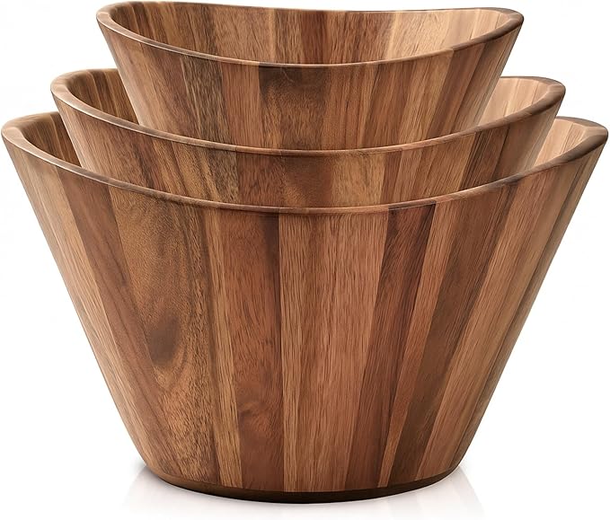 Woodenhouse Wooden Salad Bowl Set, Salad Bowls Set of 3 - Wavy Design Salad Bowl Set for Serving, Handmade, Durable and Stylish Natural Wood Dining Accessory