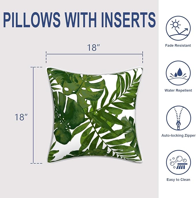 Outdoor Throw Pillows Inners, Fade Resistant Patio Furniture Square Pillows with Piping Set of 2, 18x18 Inch, Palm Green