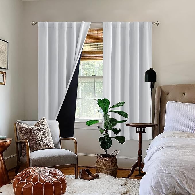 BGment Greyish White 100% Blackout Curtains 63 Inches Long with Noise-reducing Liner, Rod Pocket and Back Tab Double Layer Room Darkening Window Curtains for Bedroom, 2 Panels, Each 42 x 63 Inch