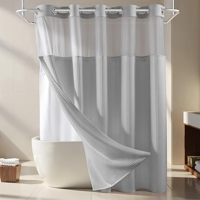 River Dream Lake Wanaka Fabric Shower Curtain Set, Cotton Blend, Waffle Weave, with Snap in Replacement Liner，71 x 86 inches
