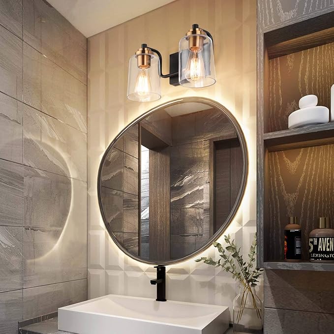 SOLFART Vintage Bathroom Vanity Light Black Bathroom Light fixtures Over Mirror Metal with Clear Glass Brass Fixtures Wall Mount Wall Lighting Sconce (2 Lights)