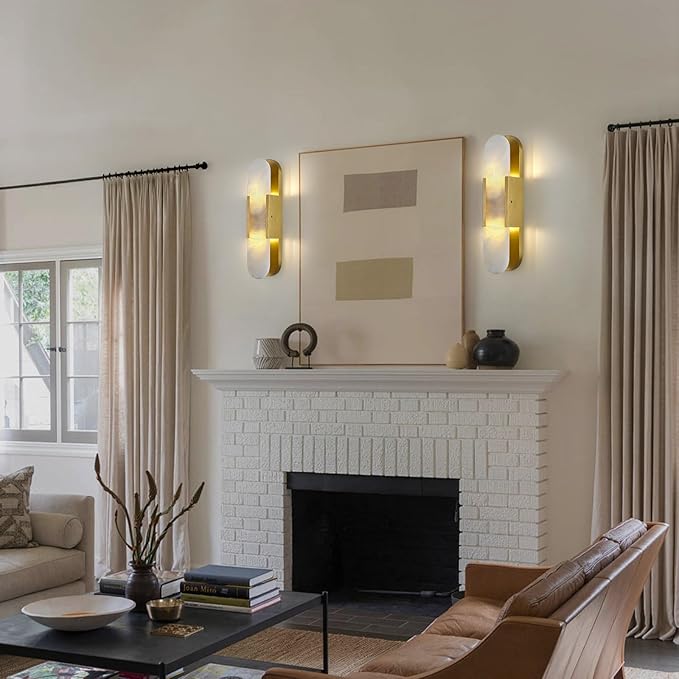 19.7 in Brass Alabaster Wall Sconces, Natural Marble Wall Sconces Indoor Alabaster Sconces for Living Room Modern Alabaster Sconces Wall Lighting for Dining Room Stairs Bedroom