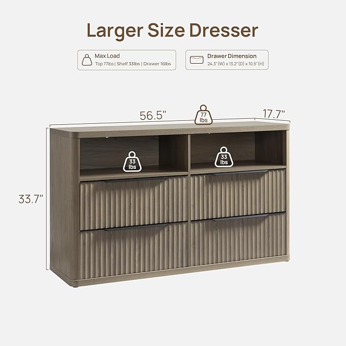 SICOTAS Dresser for Bedroom - Dressers & Chests of Drawers with 4 Drawers Large Modern Dresser for Closet with Open Shelf Fluted Wide TV Stand Clothes Closet Storage for Bedroom Hallway Entryway