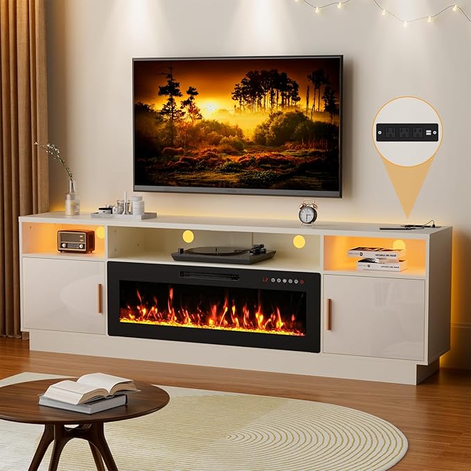 80'' TV Stand with 42'' Fireplace-LED Light Entertainment Center for 90 inch TV-White TV Cabinet with Storage, Modern TV Console for Living Room