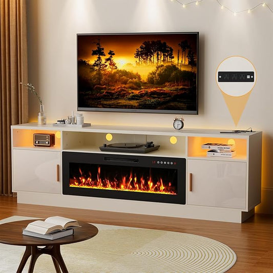 80'' TV Stand with 42'' Fireplace-LED Light Entertainment Center for 90 inch TV-White TV Cabinet with Storage, Modern TV Console for Living Room