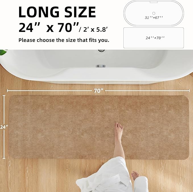 Bathroom Mat Quick Dry, Bathroom Rugs Non Slip Washable Thin Absorbent Bath Mat Fits Under Door Bathroom Floor Mat Perfect for Bath, Shower, or Sink 24"x70" Camel