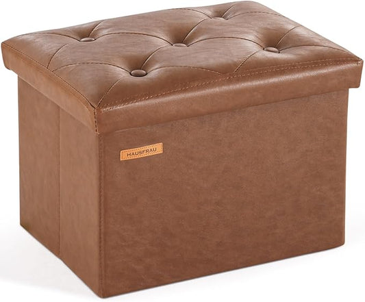HAUSFRAU Storage Ottoman Foot Rest Stool, Small Folding Ottoman with Storage, Tufted Square Cube Footrest, Faux Leather Retro Brown