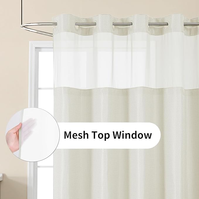 Colorful Star No Hook Shower Curtain with Snap in Fabric Liner, Waffle Weave Heavy Duty Thick Shower Curtains with Mesh Top Window, Hotel Style Waterproof Bathroom Curtain Set, 72 x 75 Inch, Ivory