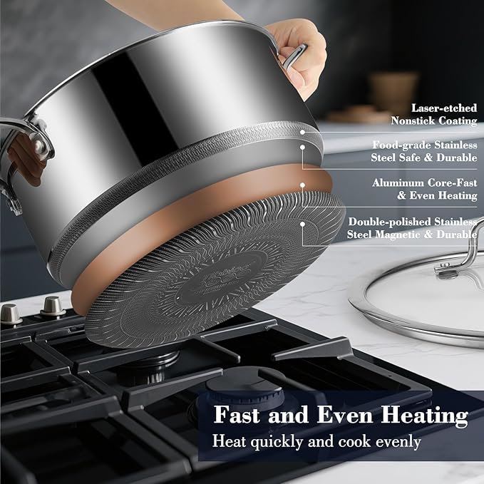 Hybrid Nonstick 6-Piece Pot Set with 2 Silicone Trivets, 1.5 QT, 2 QT, and 5.2-Quart Pots with Tempered Glass Lids, Stay-Cool Handles, Dishwasher Safe, Induction Ready, Compatible with All Cooktops