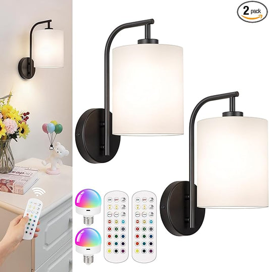 Battery Operated Wall Sconce Set of 2, Black Rechargeable Dimmable Wall Light Fixture Remote, 12 RGB Colors & Timer, Wireless Lamp White Shade