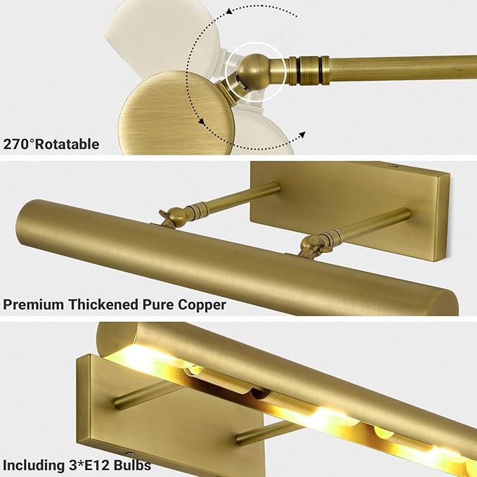 Picture Light, 18inch Brass Picture Lights for Wall,Hardwired Brushed Gold Picture Lights,270° Rotatable Wall Lights for Pictures, 3-Light Picture Frame Light for Painting Display Artwork Portrait