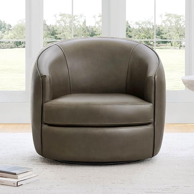 CHITA Genuine Leather Swivel Barrel Chair, Modern Comfy FSC Certified Upholstered Leather Accent Chair for Living Room, Fully Assembled, Mink Brown