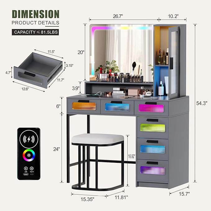 Vanity Desk with Mirror and RGB Lights, Makeup Vanity Desk with Wireless Charging Station,Large Dressing Table Set with Stool,LED Vanity Table with 6 Drawers/Cabinet/Shelves for Bedroom, Grey