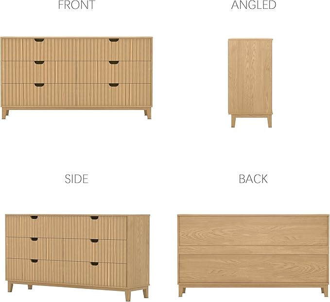 Fluted Dresser for Bedroom 6 Drawer, 58" Wide Large Wood Dresser, Chest of Drawers for Bedroom, Living Room, Hallway, Entryway, Modern TV Stand Drawer Organizer, Natural