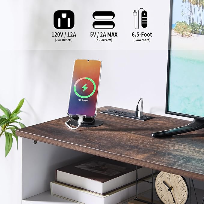 LIDYUK Dresser for Bedroom, Wood Dresser with 6 Drawers, Modern Minimalist Dressers & Chest of Drawers with Charging Station & LED Lights, 48 Inches TV Stand for Bedroom, Living Room, White