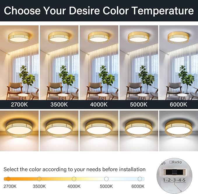 Dimmable Gold Flush Mount Ceiling Light, Modern Round LED Ceiling Lights Fixture, Kitchen Flushmount Light for Bedroom Hallway Kitchen 2700 K-6000 K 5CCT