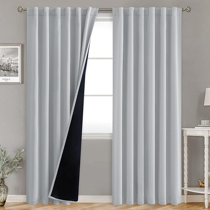 BGment Full Blackout Curtains with Thermal Insulation Liner Curtains 95 Inches Long, Rod Pocket and Back Tab Double Layer Room Darkening Window Curtain for Bedroom(52 x 95 Inch, 2 Panels, Light Grey)