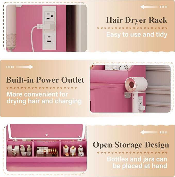 JUMMICO Makeup Vanity Desk with Mirror and Lights, L- Shaped Vanity, Modern Vanity Table with 5 Drawers & Adjustable Shelves, Power Outlet with Fast Charging, for Bedroom (Pink)