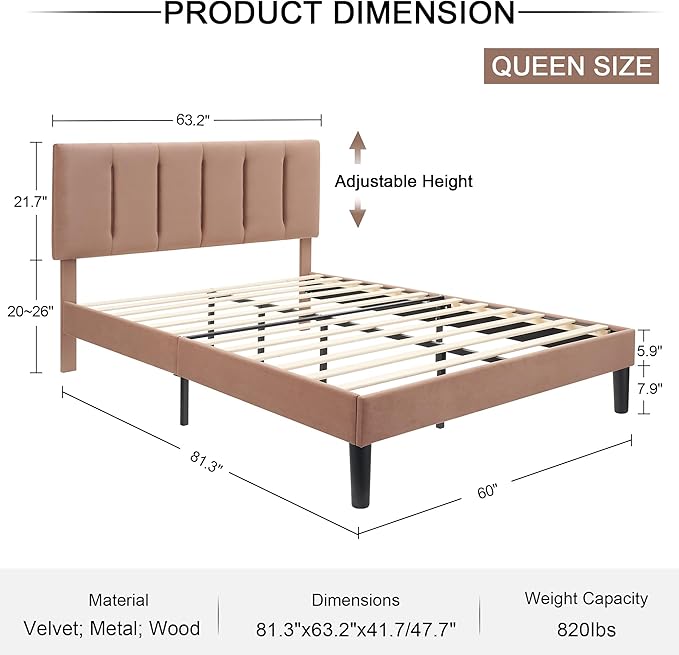 VECELO Queen Bed Frame with Upholstered Headboard, Heavy-Duty Platform Bedframe with Strong Wooden Slats Support, No Boxing Spring Needed, Coffee