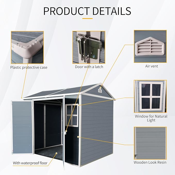 8x6 FT Outdoor Storage Resin Shed with Floor, Waterproof Plastic Garden Tool Shed with Windows, Vents & Lockable Door and Sloped Roof, Easy to Assemble Bike Shed for Patio, Backyard, Lawn, Grey