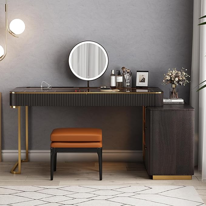 Larits Makeup Vanity, Very Easy to Assemble，Dressing Table Desk in one, Super Storage, with LED Light Vanity Mirror with ash Full Solid Wood upholstered Vanity Stool (Black Brown, 47 in)