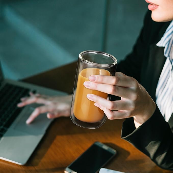 Joeyan Glass Double Walled Beer Drinking Glasses, Insulated Thermo Glass Tumbler Without Hole, Thickened Water Cocktail Highball Glass Cups, Smoothie Tea Coffee Glassware, 12oz, 2Pack, Dishwasher Safe