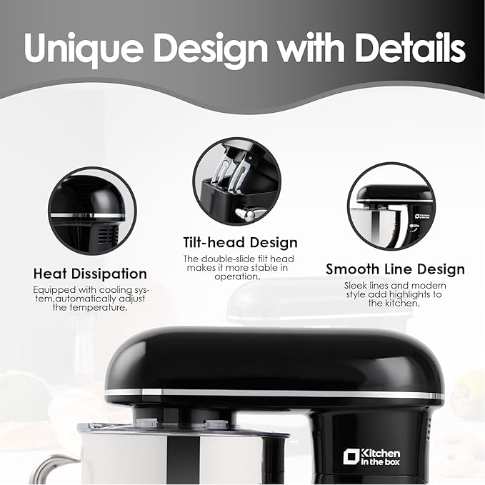 Kitchen in the box Stand Mixer - 6.5 Quart Mixing Bowl with Handle, 900 Watt Heavy Bread Dough Standing Mixers Tilt-head with Dough Hook, Whisk, Flat Beater and Splash Guard (Black)