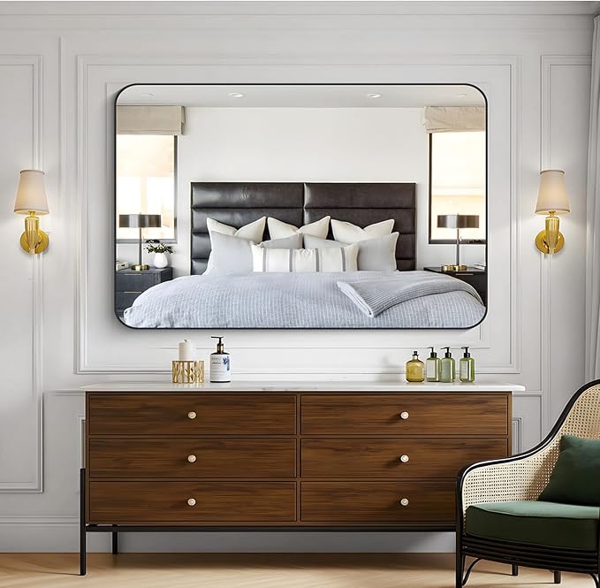 KOCUUY 55x36 Black Bathroom Mirror, Large Matte Black Vanity Mirror, Tempered Glass Mirror for Bathroom Wall, Black Rounded Rectangle Mirror Modern Decor for Bedroom, Living Room, Farmhouse, Entryway