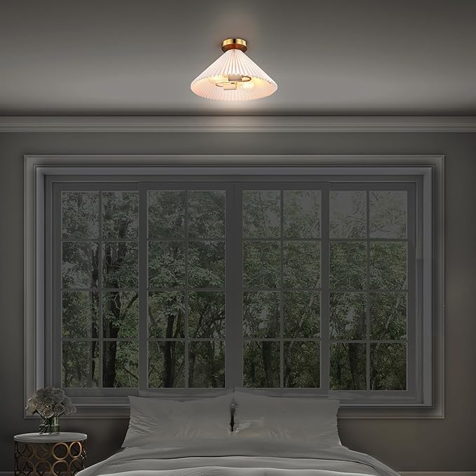 GLOBE Electric x Novogratz 66000085 2-Light Flush Mount Ceiling Light, Matte Brass Finish, Off-White Pleated Fabric Shade, Bedroom Lighting Fixtures Ceiling, Lighting for Hallway or Dining Room