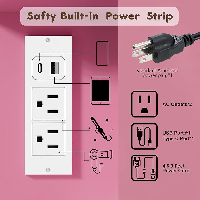 YESHOMY Vanity Desk with Mirror, Power Outlet and 10 Lights, Makeup Table with 7 Drawers, 3 Color Modes Available for Bedroom, Pink