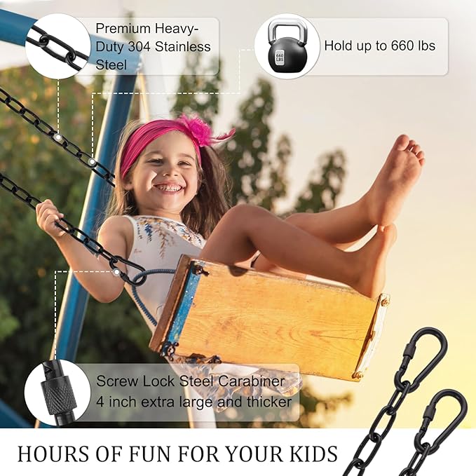 Hammock Chair Chain, 2 Pack 44in Hanging Swing Chain with 4 Carabiners, 660LB Capacity Heavy Duty Hammock Hanging Kit for Punching Bags, Swing Hangers, Porch, Patio, Playground Indoor Outdoor (Black)