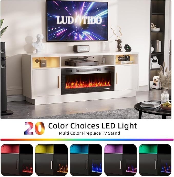 Ludatido 70 Inch Premium TV Stand with 36 inch Electric Fireplace 27 Inch high LED Light Entertainment Center Easy to Assemble for TVs Up to 85'' with USB&AC Power Interface Black